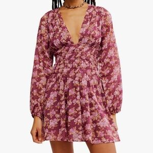 Free People Keep You Long Sleeve Mini Dress New Floral Flower Berry XS Nwt